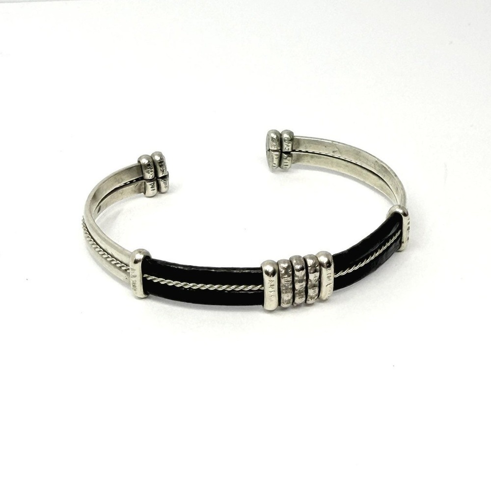 Sterling Silver Black Leather Cuff Bracelet Mixed Media Twisted Rope Detail